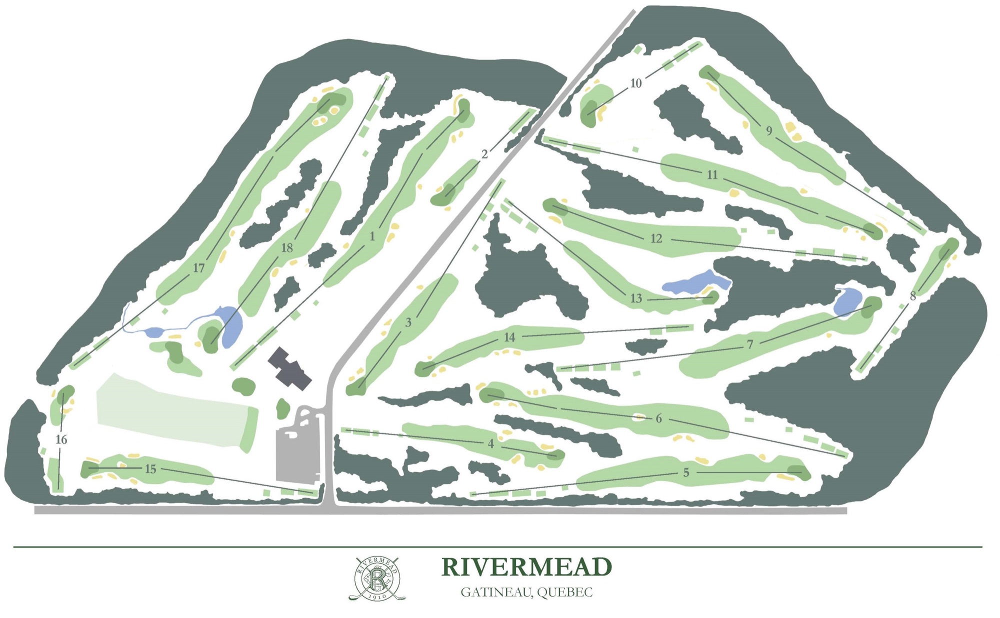 Illustrated plan of Rivermead's eighteen holes, numbered, with treed borders, ponds, and the clubhouse at centre